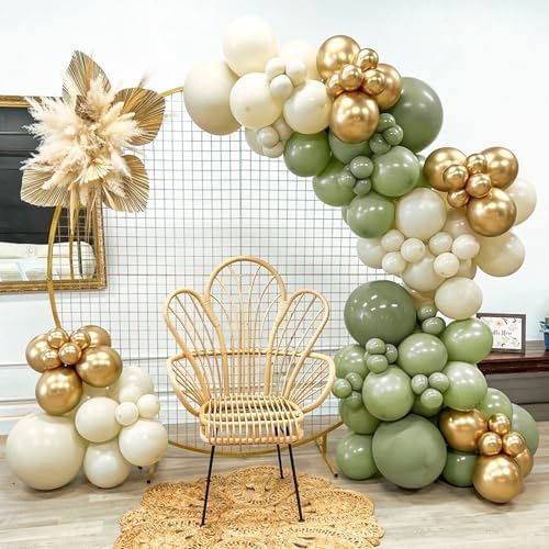 RUBFAC 65 Pcs 12 Inch Green Gold Confetti Balloons Kit with Ribbons