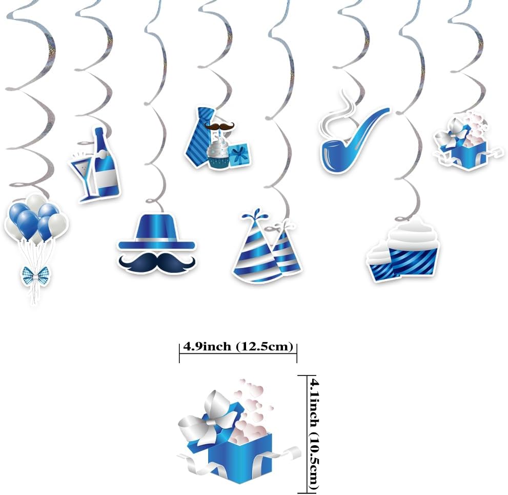 Silver Blue Birthday Decorations 8PCS Hanging Streamers Banner Set