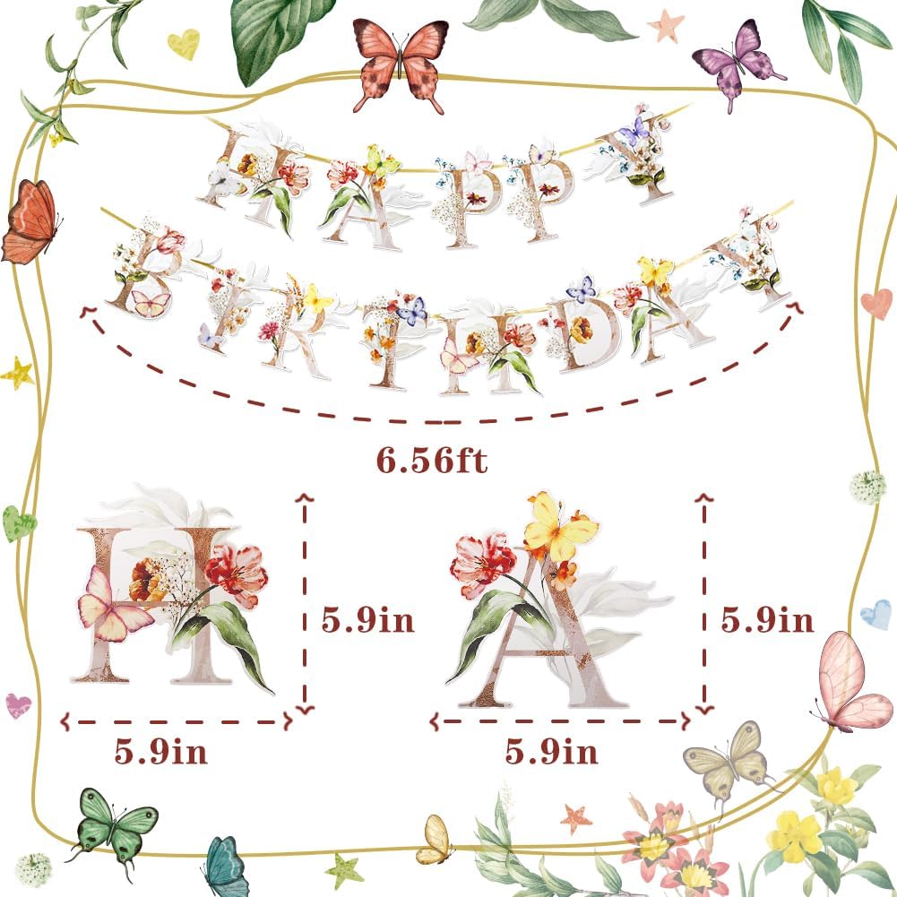 Flower Butterfly Happy Birthday Banner for 1st to 70th Birthday Party