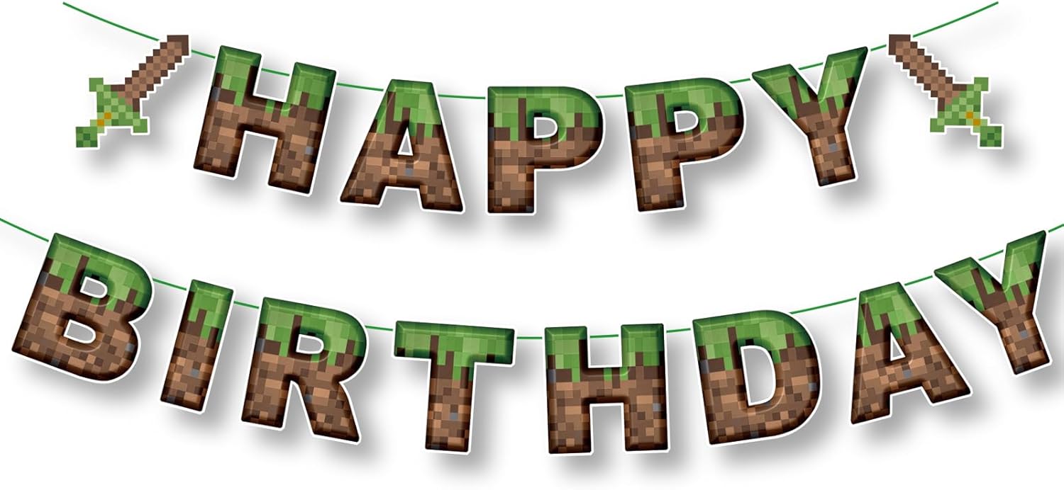 Pixel Birthday Decorations Happy Birthday Banner Mining Theme Party Supplies