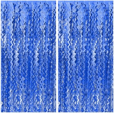 2 Pack Navy Blue Wavy Foil Fringe Curtains 33x66 Ft