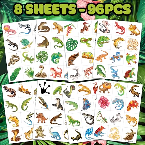 96PCS Reptile Animal Temporary Tattoos for Kids
