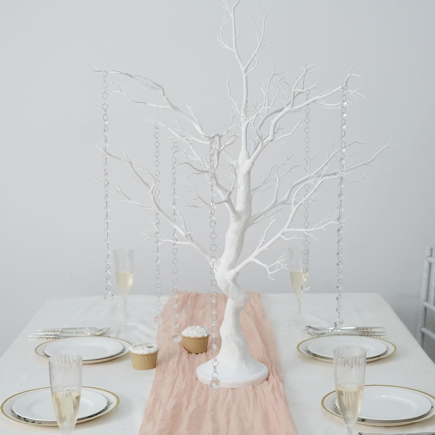 34 in White Metallic Manzanita Tree with 8 Acrylic Bead Chains