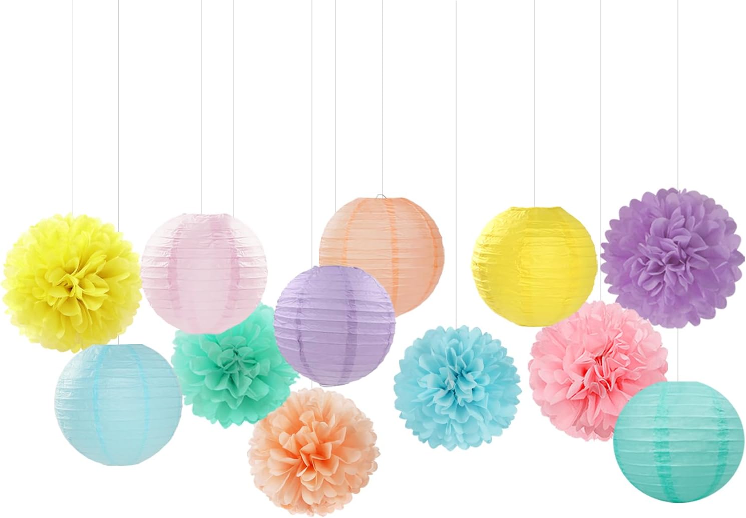 Pastel Rainbow Paper Flowers and Lanterns 15PCS Decor Set