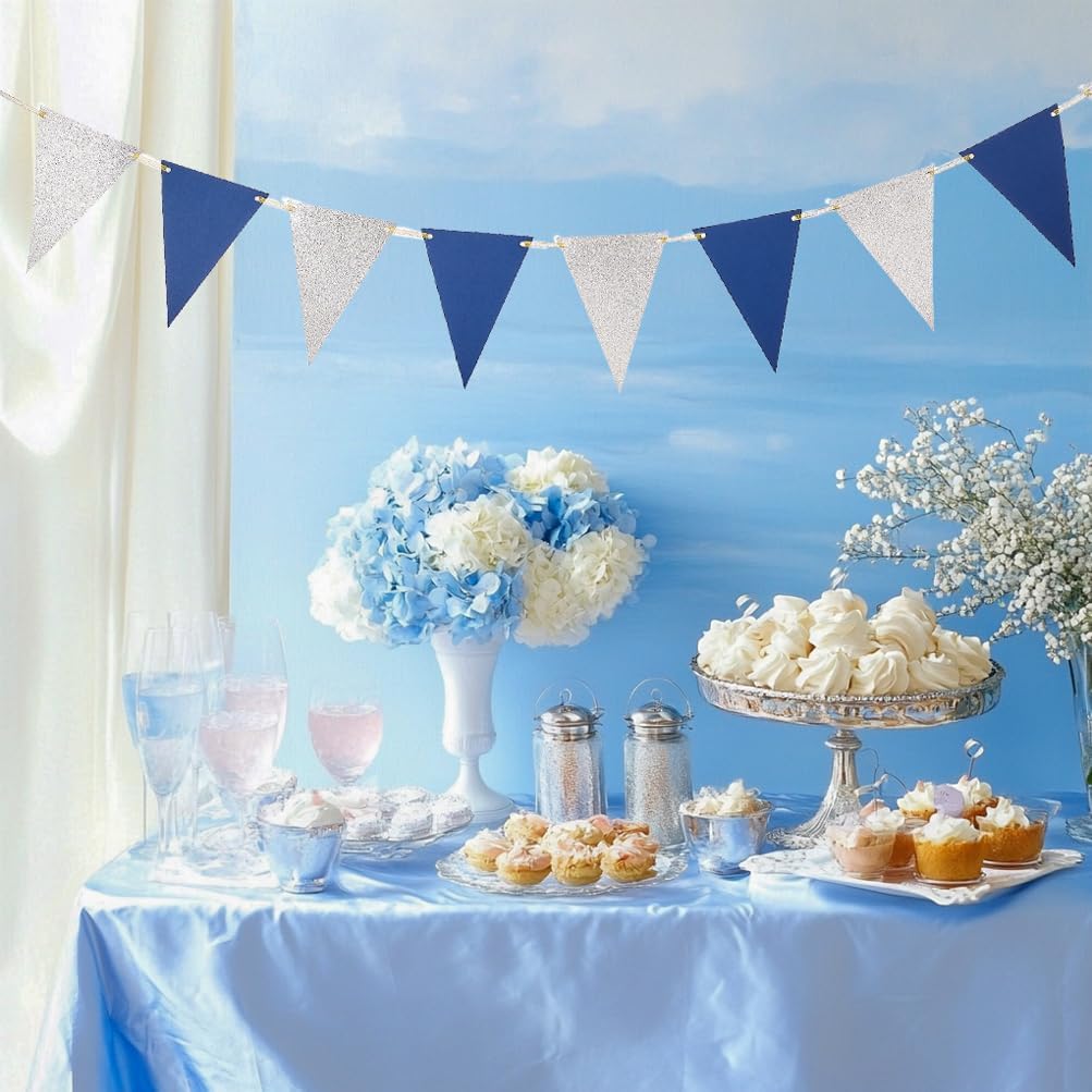 MOWO Silver Blue Pennant Banner Bunting Garland 20 Feet