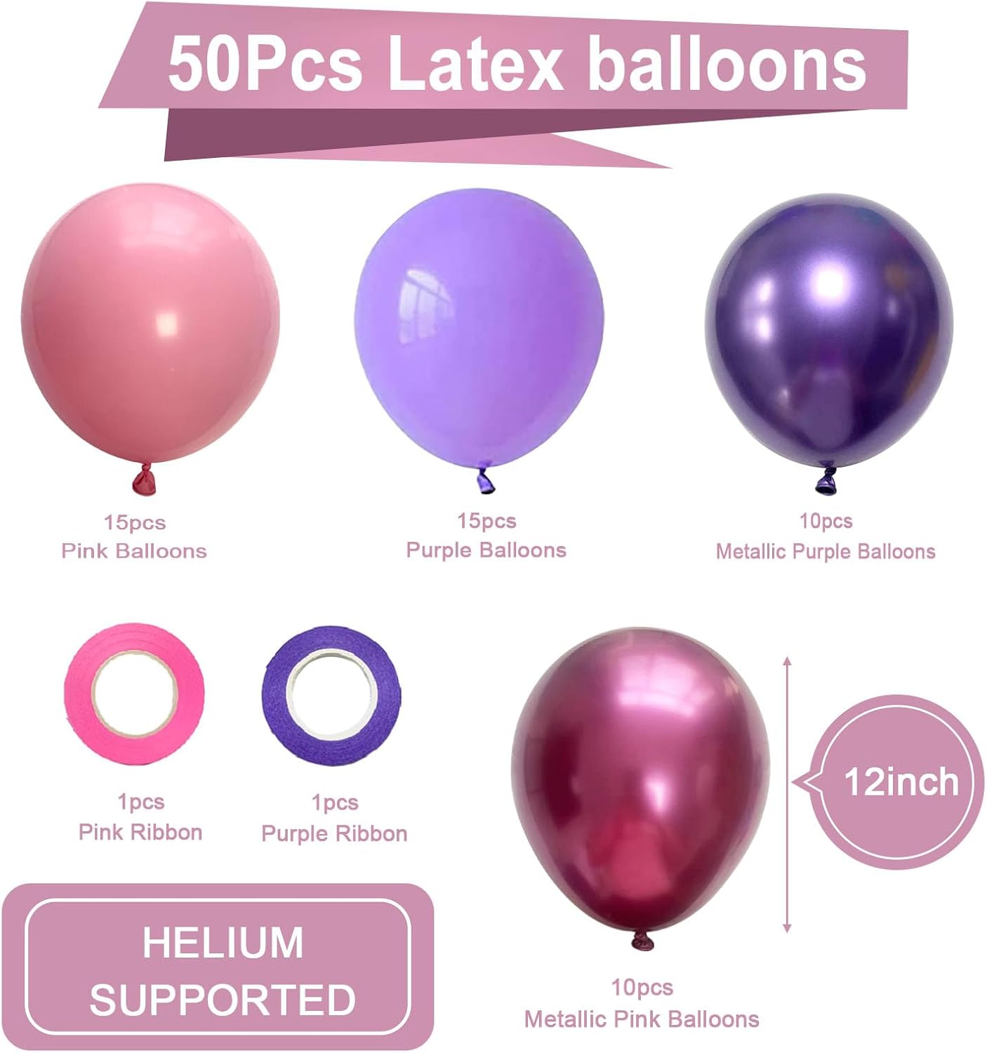 Pink and Purple Party Balloons 50Pcs 12 Inch