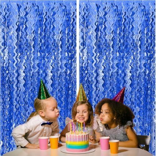2 Pack Navy Blue Wavy Foil Fringe Curtains 33x66 Ft