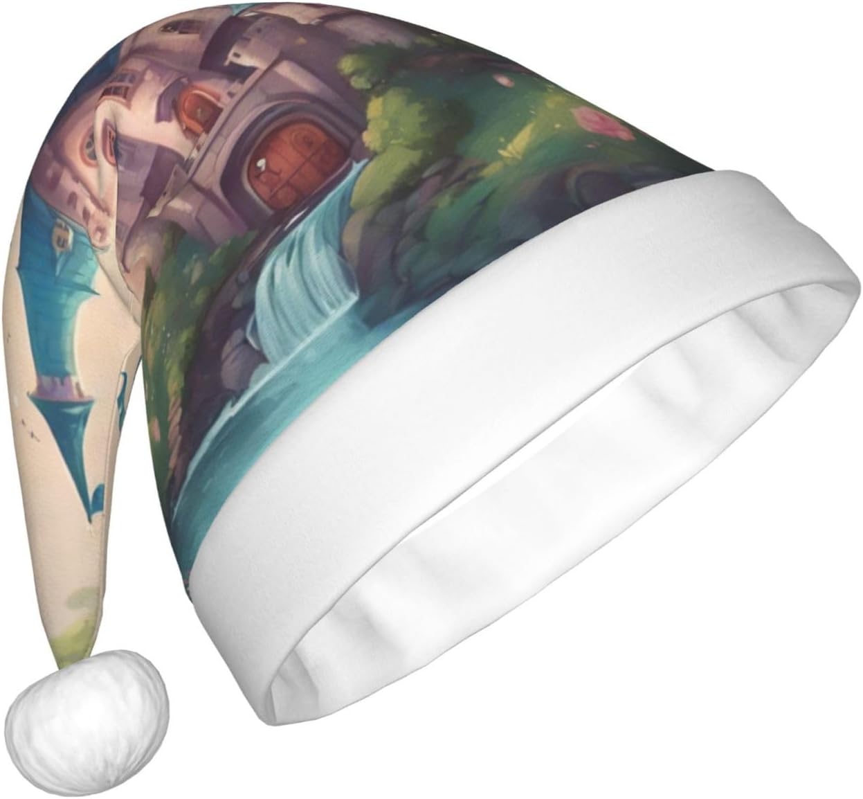 Cute Fairy Tale Castle Print Santa Hat Plush for Adults
