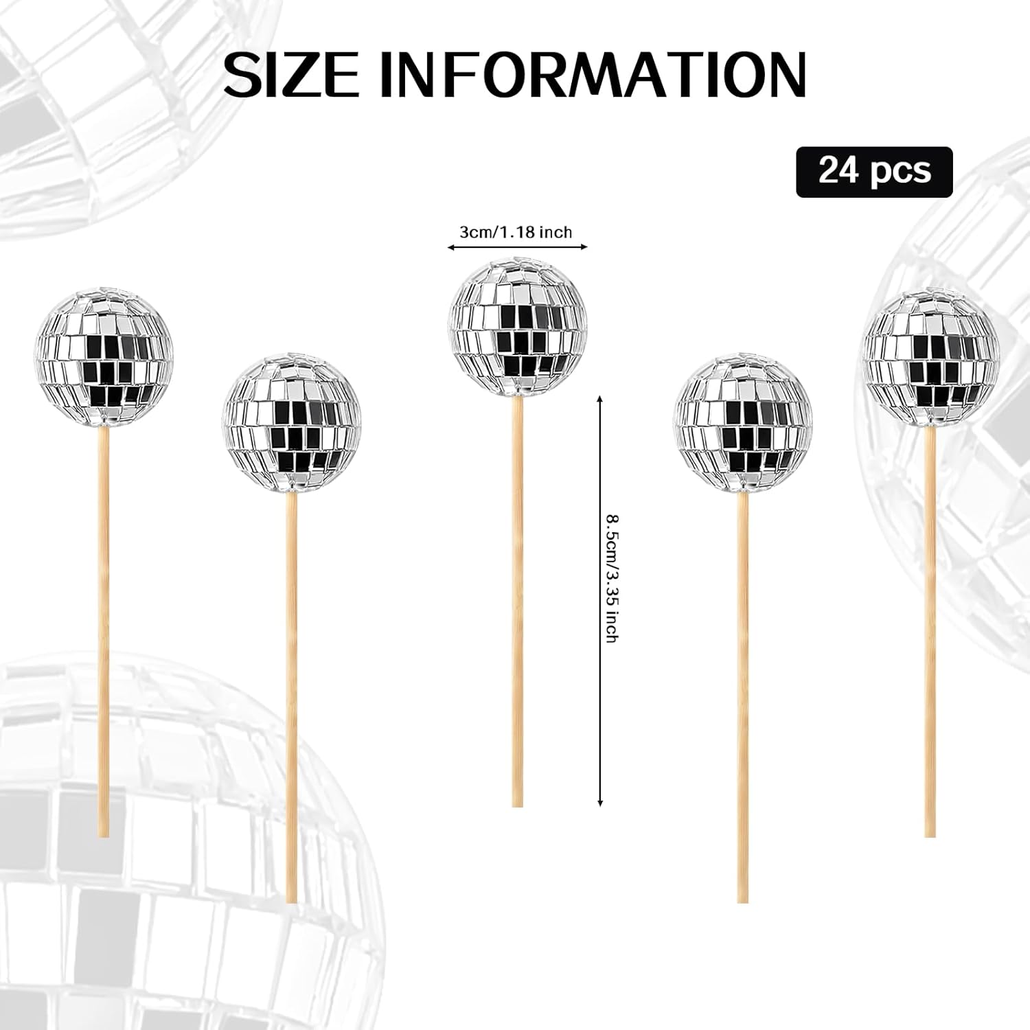 JOERSH 24pcs Disco Ball Cupcake Toppers Silver