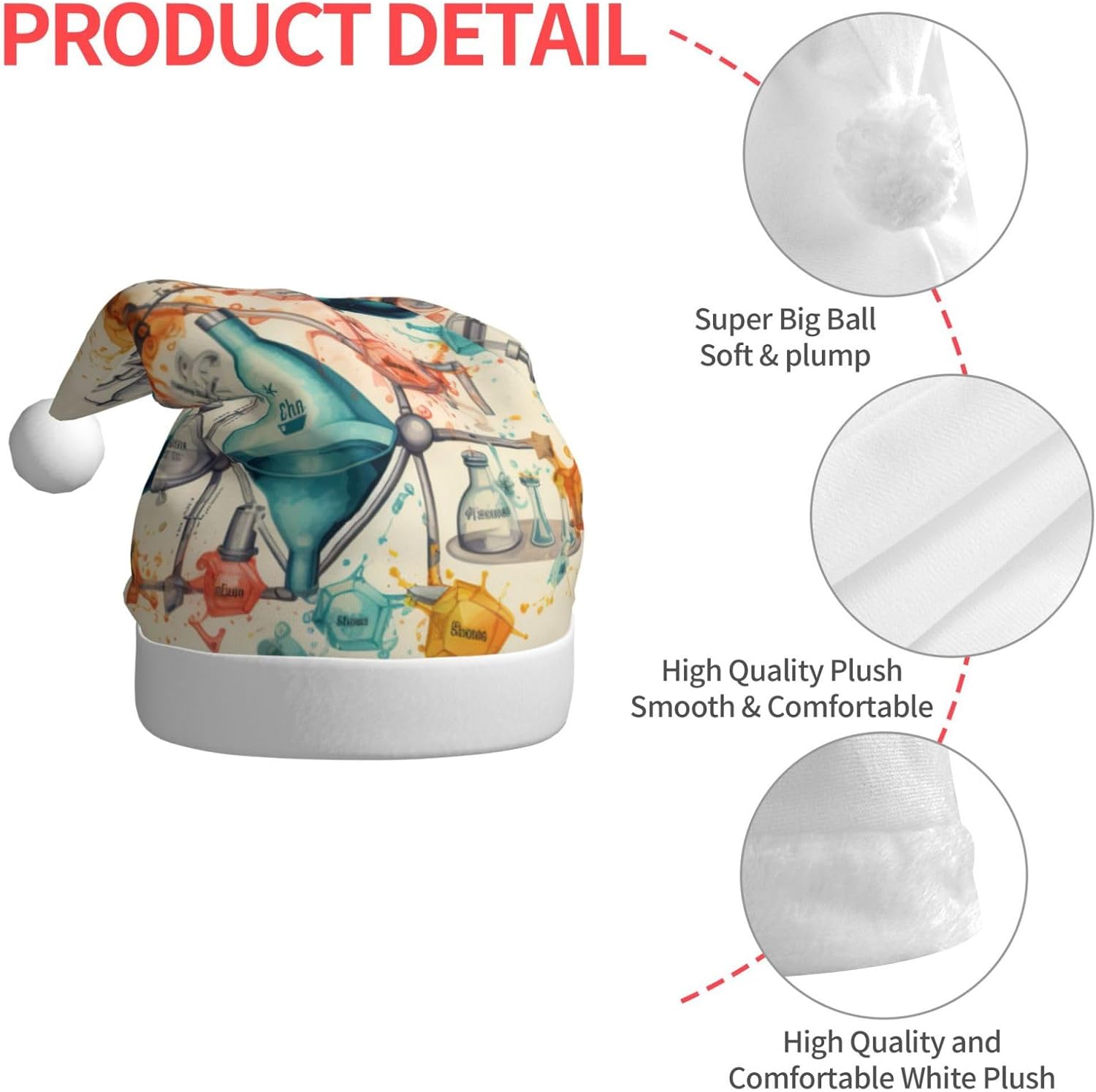 Chemistry Print Christmas Santa Hat Plush Funny Party Adult Headwear