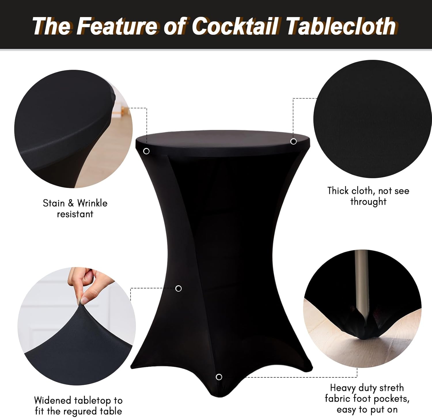 Fixwal 4 Pack Spandex Cocktail Table Covers Black Stretch Round