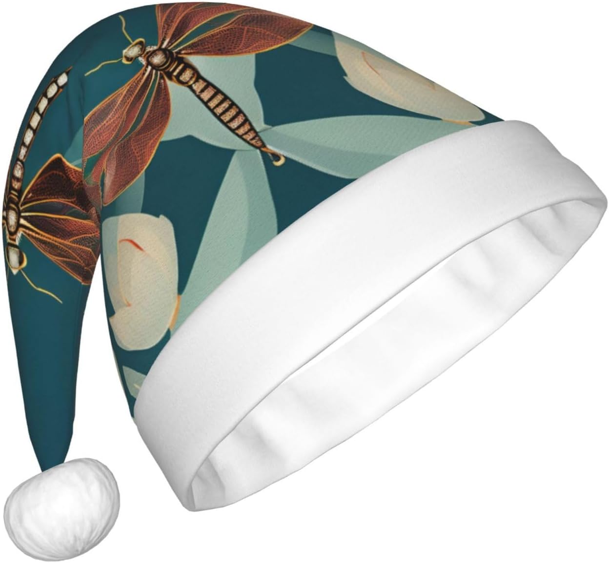 Dragonfly and Lotus Print Christmas Santa Hat for Adult