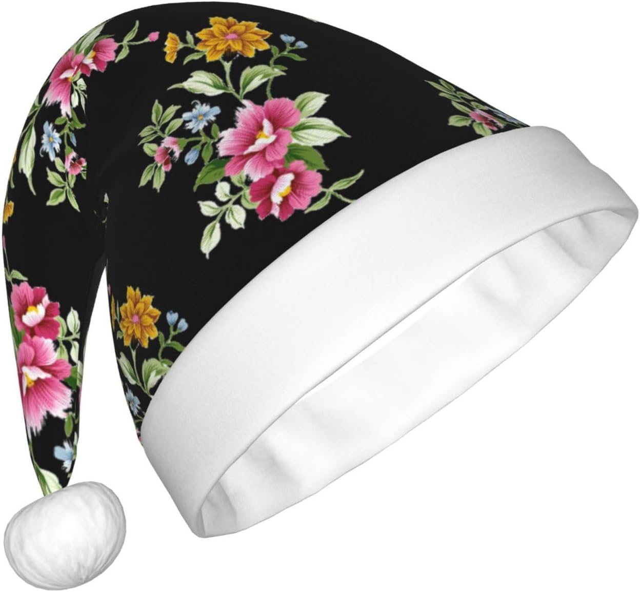 Hand Painted Flower Print Christmas Santa Hat Plush Funny Adult