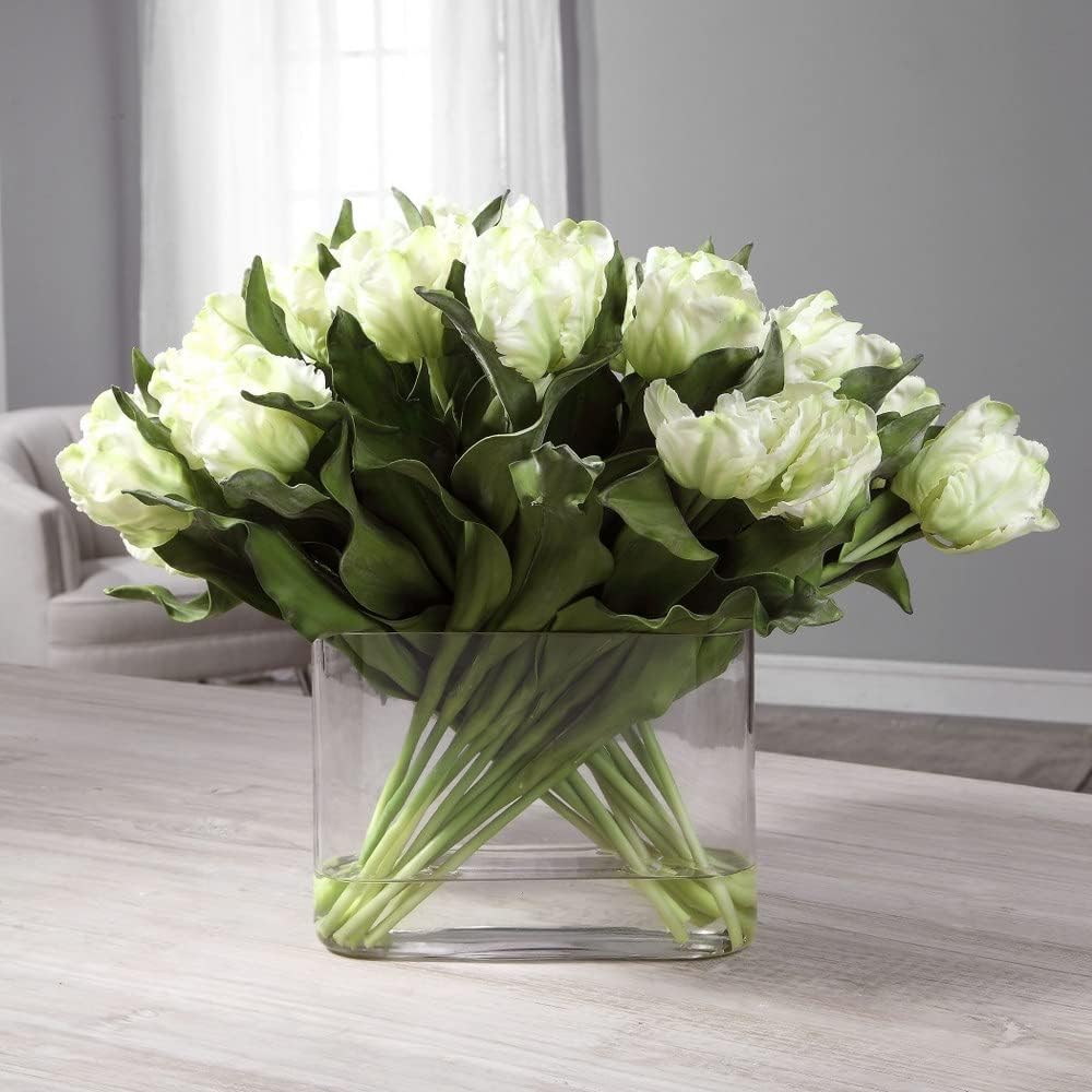Kimbry White Tulip 27 Inch Faux Flowers in Oval Glass Vase