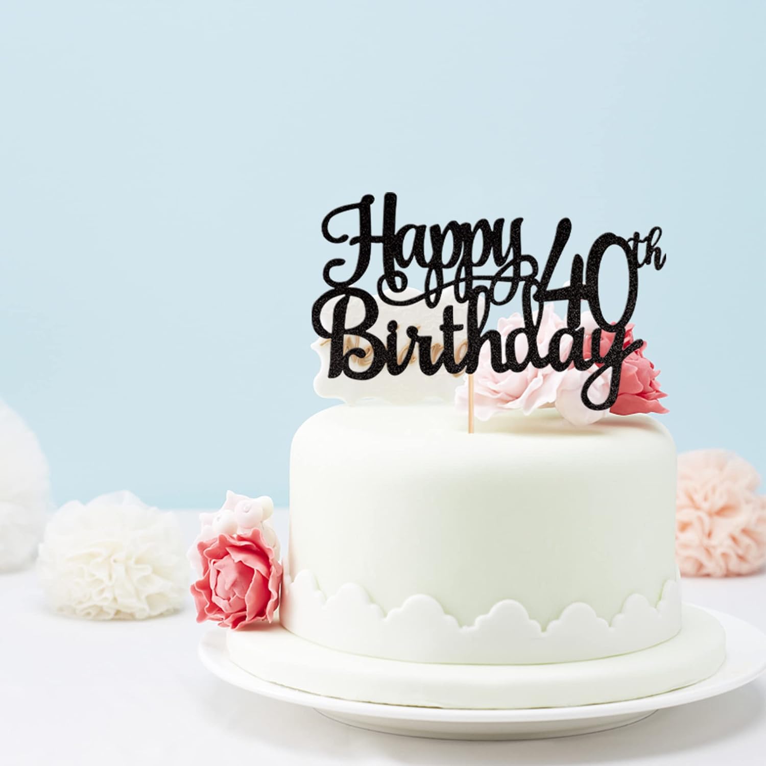 Happy 40th Birthday Cake Topper with Glitter Bamboo Stick
