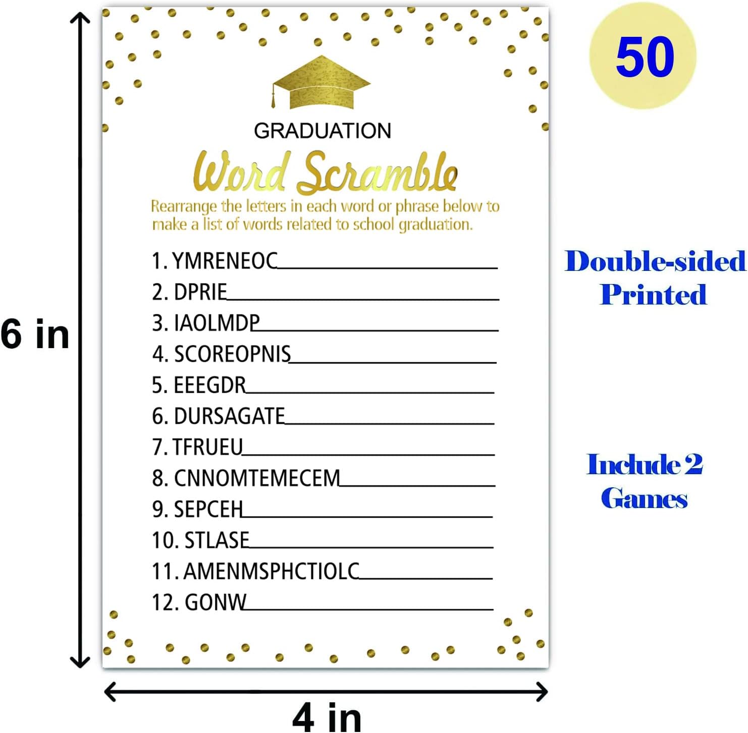 Graduation Party Word Scramble Game Cards 50 Pack