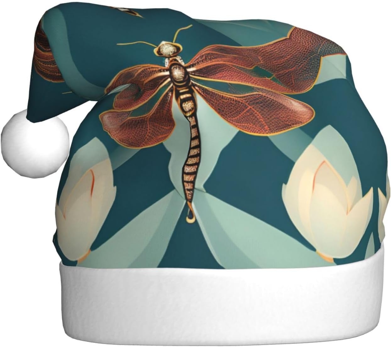 Dragonfly and Lotus Print Christmas Santa Hat for Adult