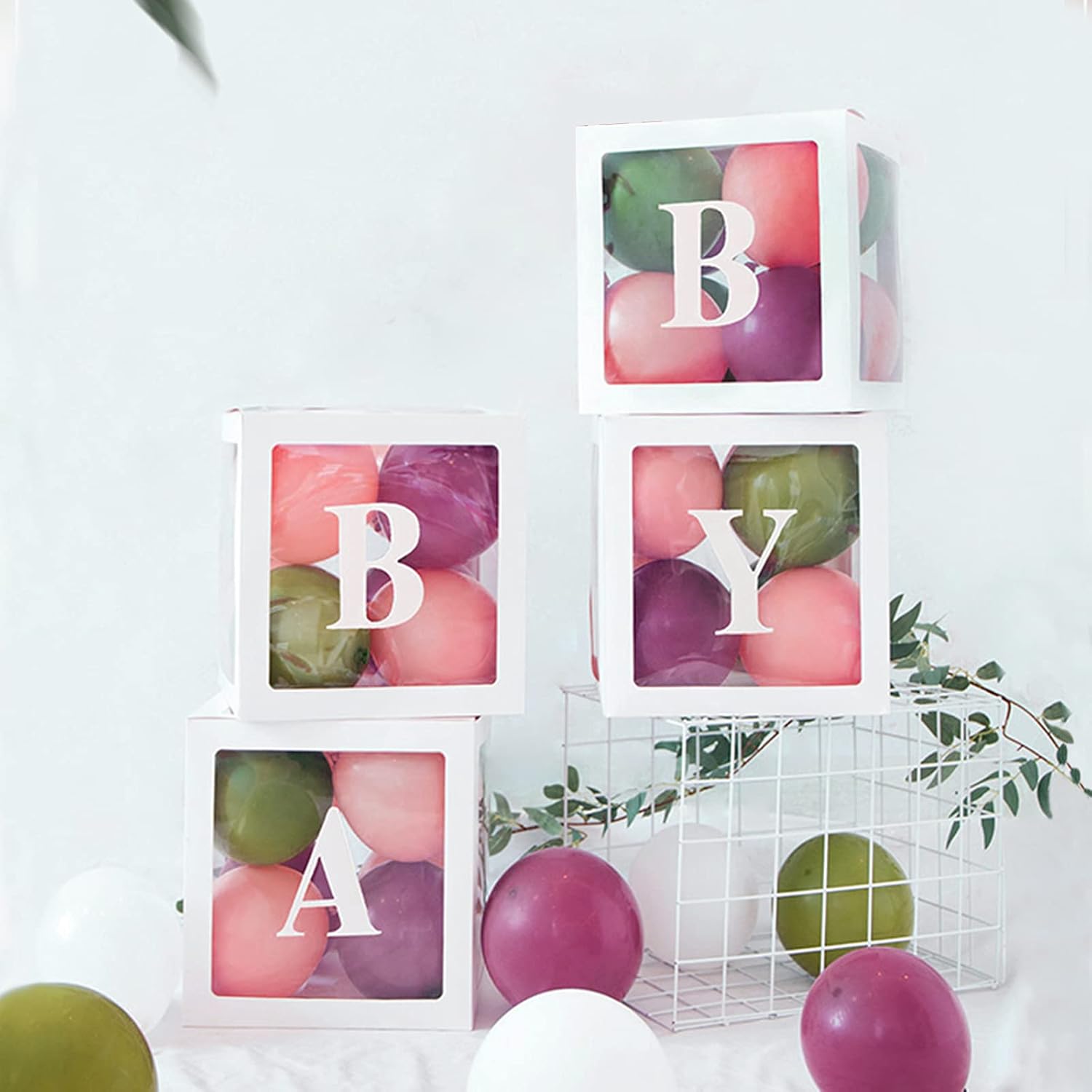 QPEY Clear Baby Shower Boxes with Letters 4PCS