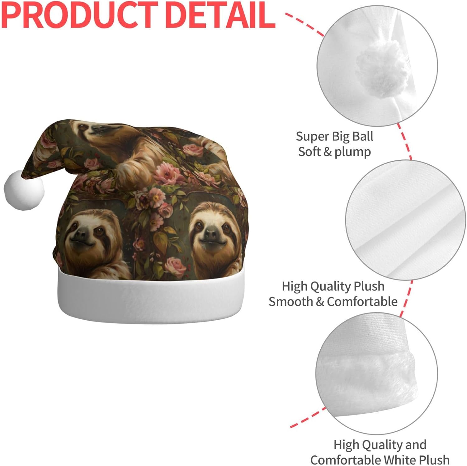 Cute Sloth Print Christmas Santa Hat Plush for Adults