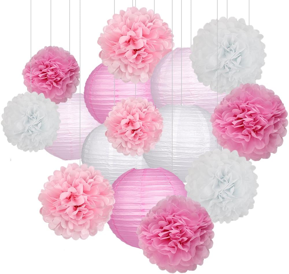 15Pcs Pink White Party Pack Paper Lanterns and Pom Pom Balls