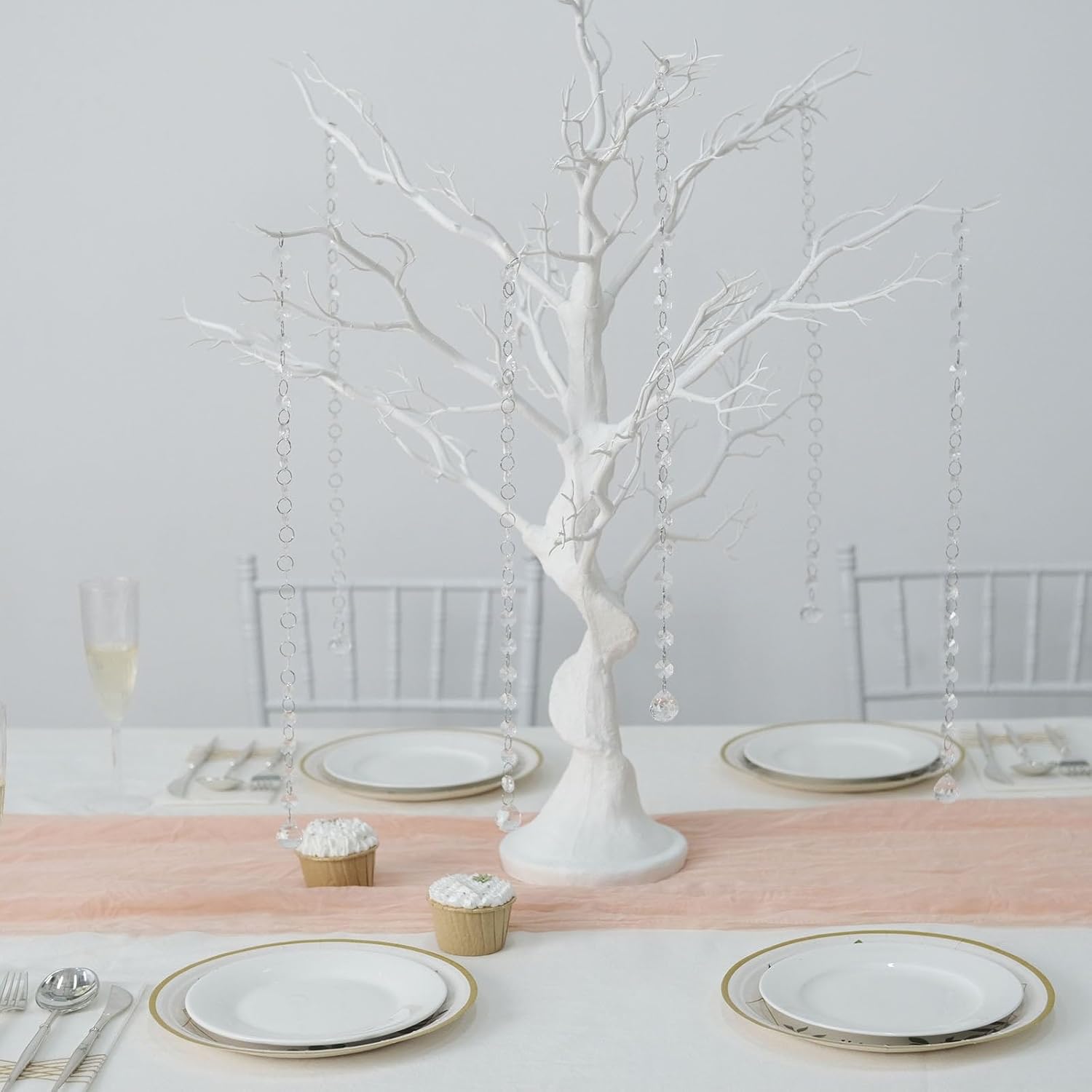 34 in White Metallic Manzanita Tree with 8 Acrylic Bead Chains