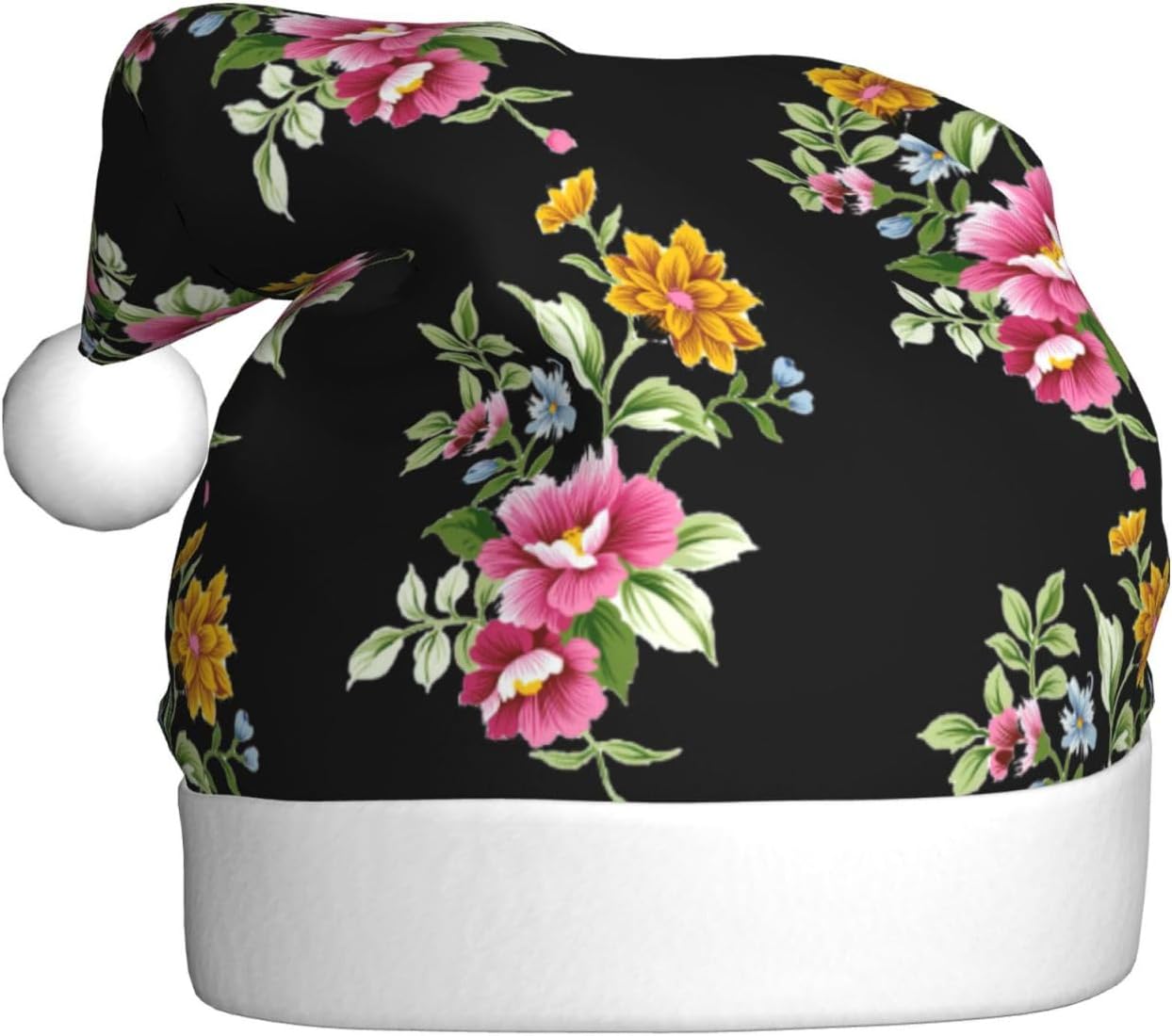 Hand Painted Flower Print Christmas Santa Hat Plush Funny Adult