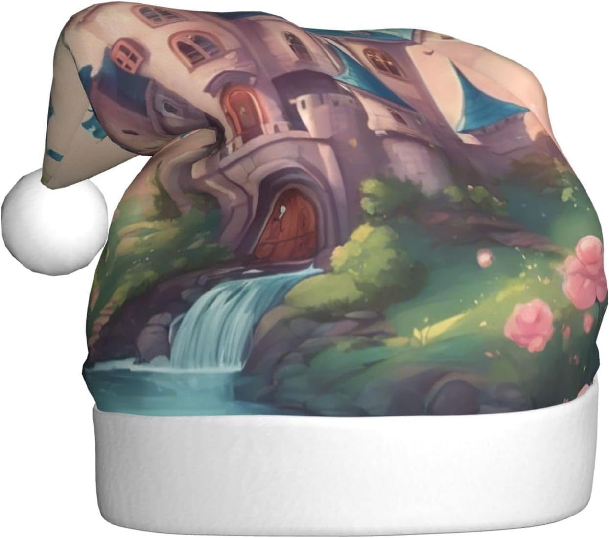 Cute Fairy Tale Castle Print Santa Hat Plush for Adults