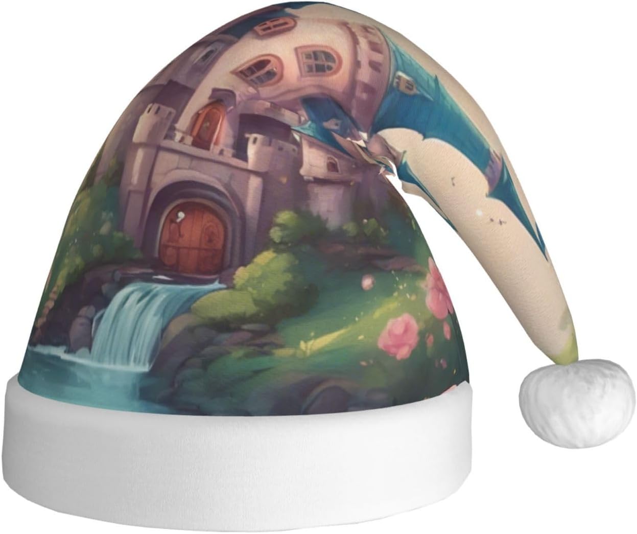 Cute Fairy Tale Castle Print Santa Hat Plush for Adults