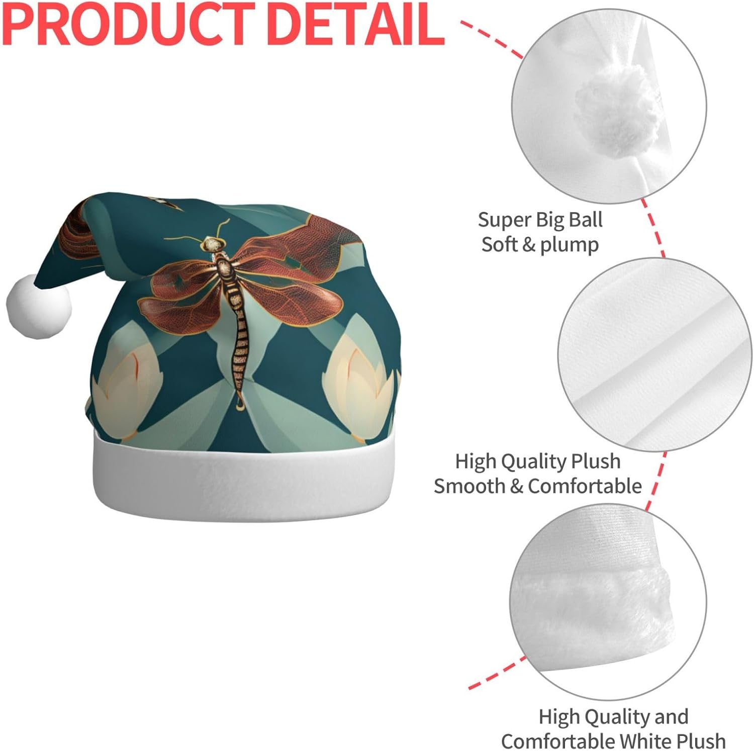Dragonfly and Lotus Print Christmas Santa Hat for Adult