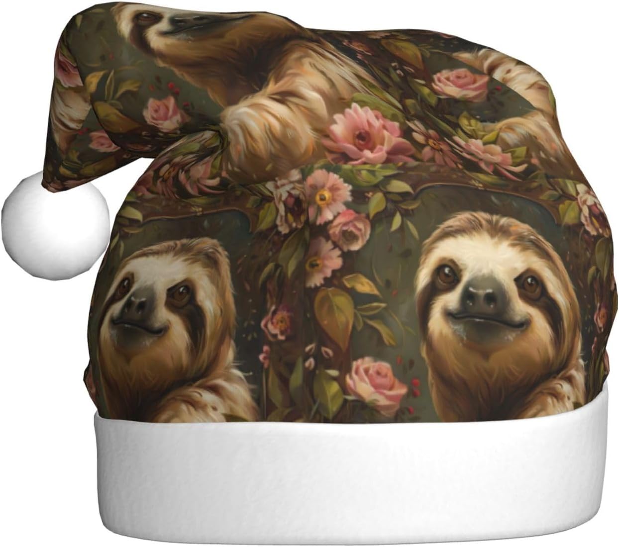 Cute Sloth Print Christmas Santa Hat Plush for Adults