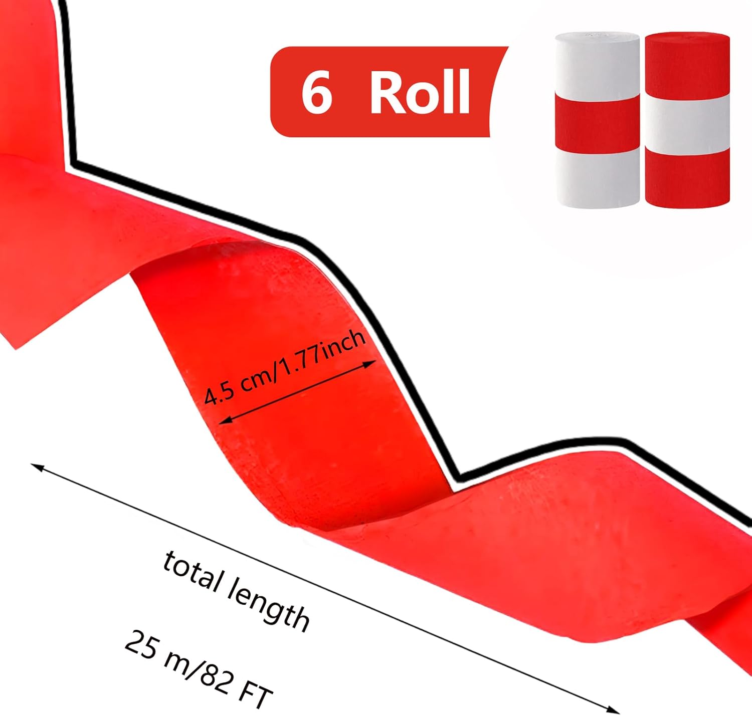 Red and White Crepe Paper Streamers 6 Rolls 82 Feet Long