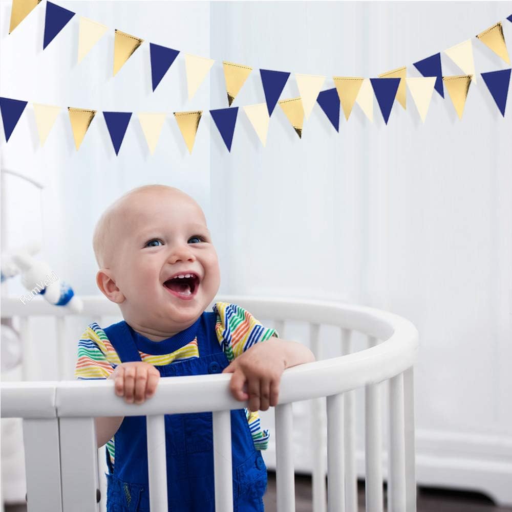 30 Ft Navy Blue Gold and Beige Party Bunting Flags