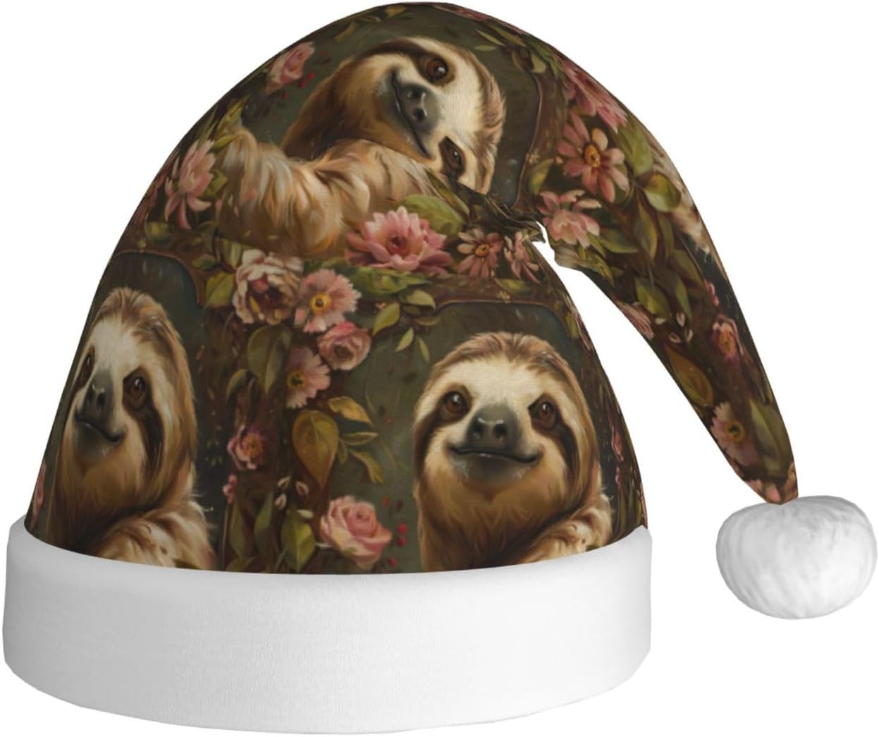 Cute Sloth Print Christmas Santa Hat Plush for Adults