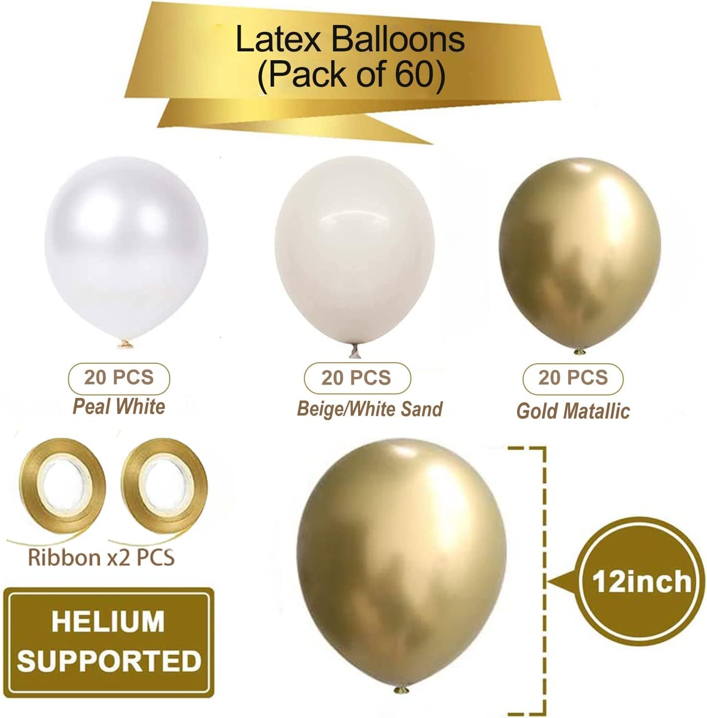 White Gold Balloons Set 60 Pcs 12 Inch Party Decor