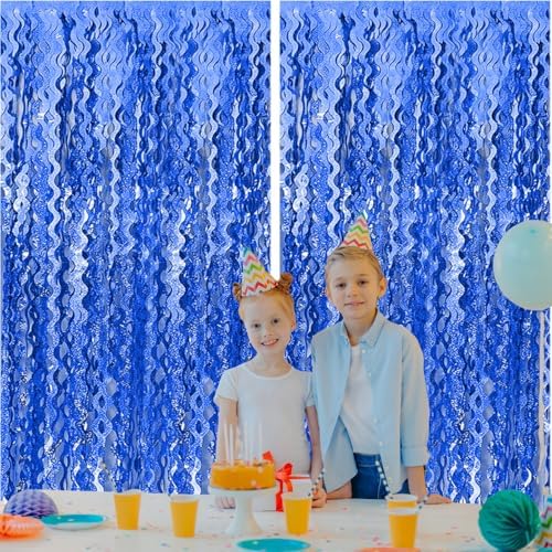 2 Pack Navy Blue Wavy Foil Fringe Curtains 33x66 Ft