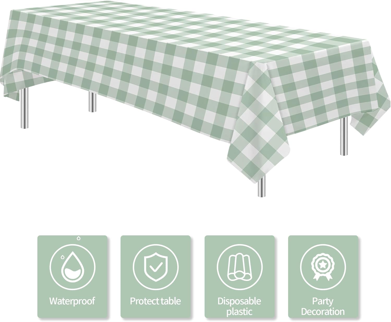 Sage Green Gingham Tablecloth 3 Pack for Birthday and Baby Shower