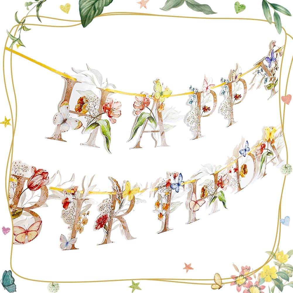 Flower Butterfly Happy Birthday Banner for 1st to 70th Birthday Party