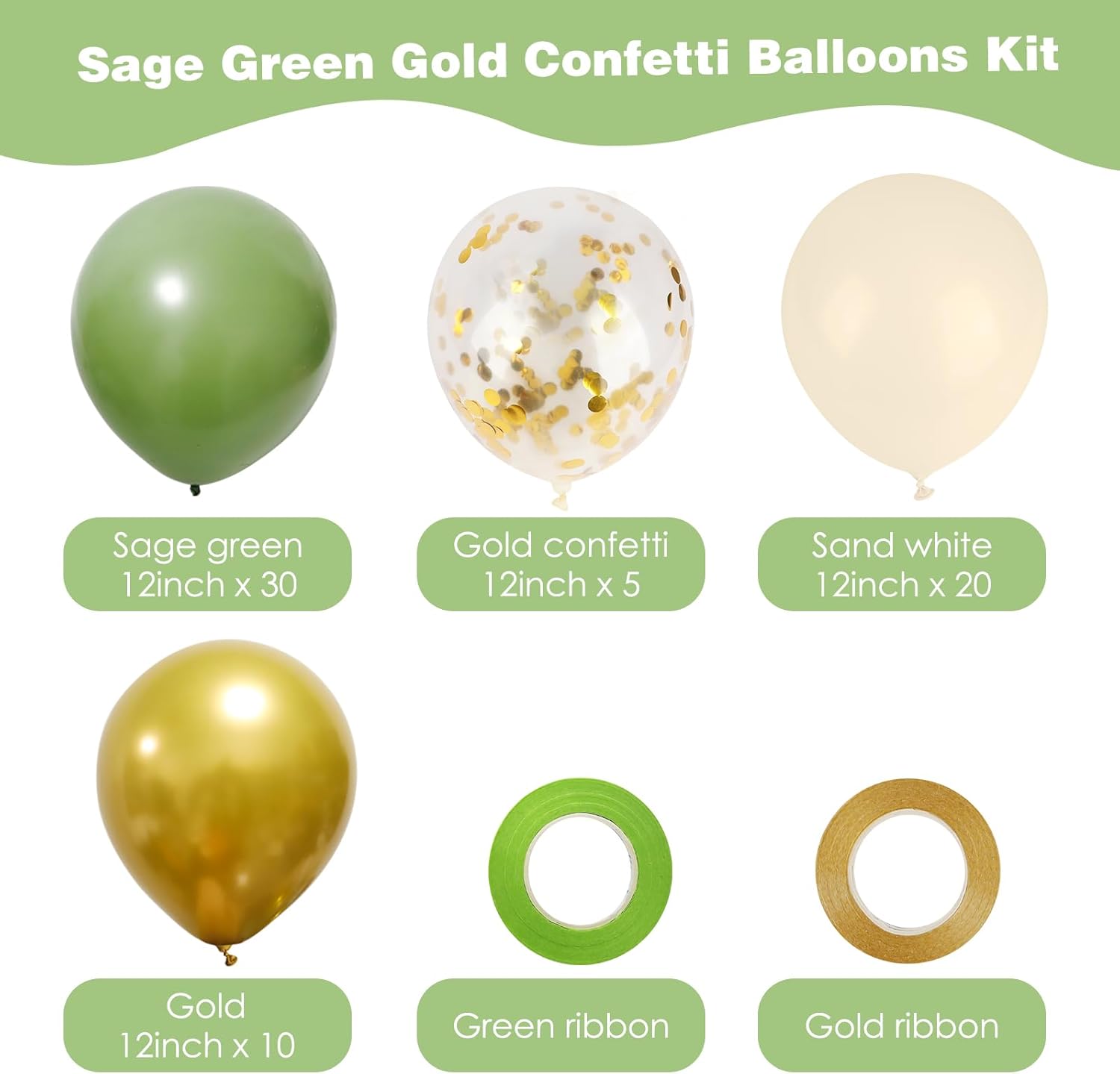 RUBFAC 65 Pcs 12 Inch Green Gold Confetti Balloons Kit with Ribbons
