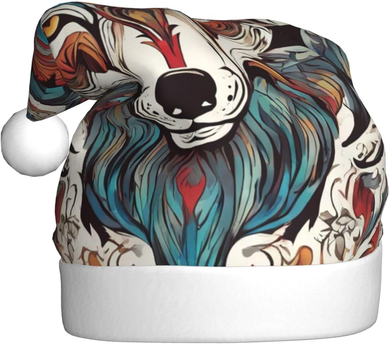 Wolf Motifs Colorful Print Christmas Santa Hat Plush