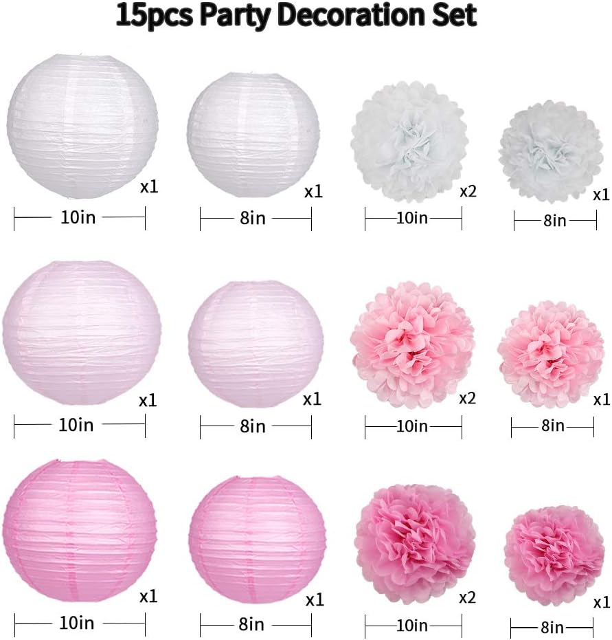 15Pcs Pink White Party Pack Paper Lanterns and Pom Pom Balls