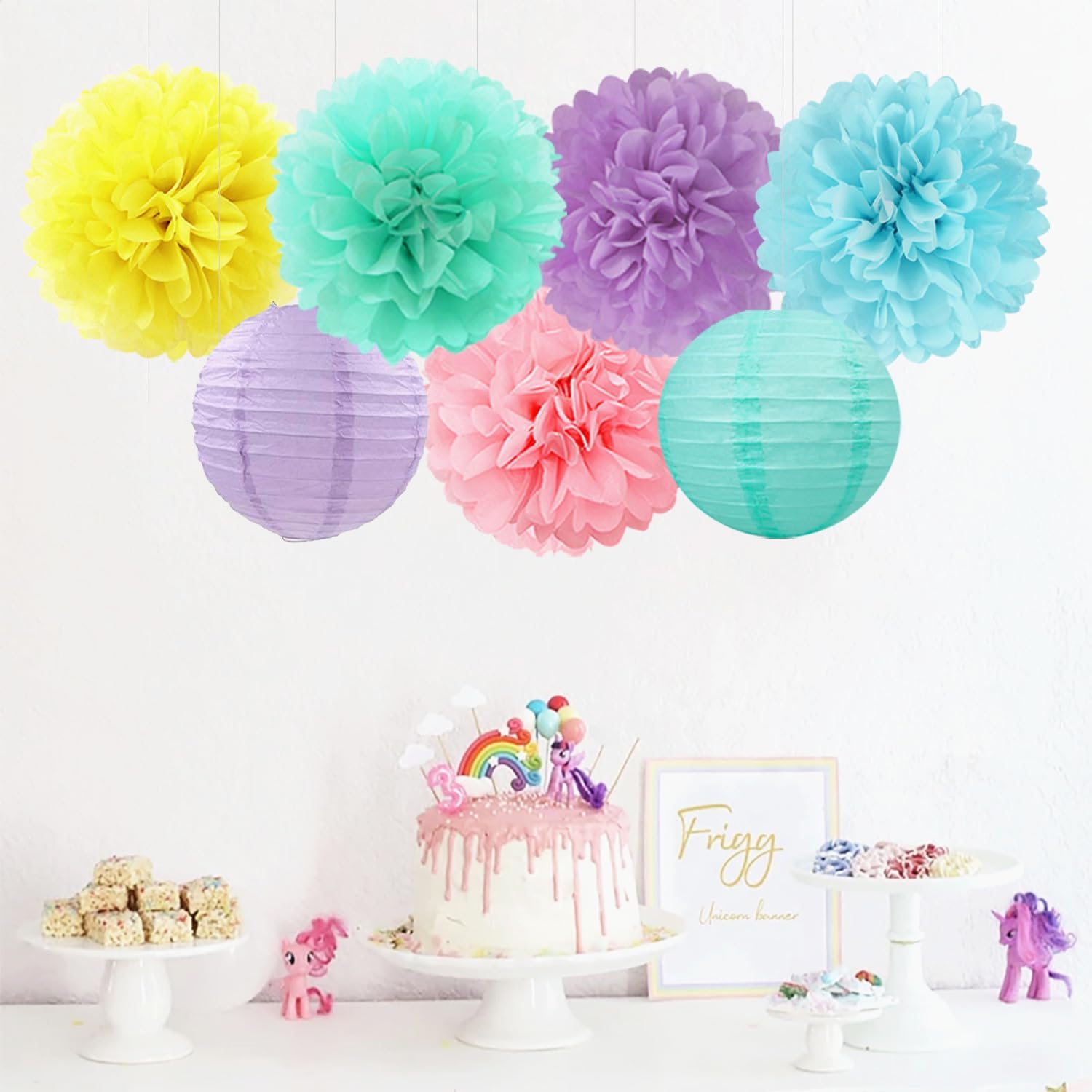 Pastel Rainbow Paper Flowers and Lanterns 15PCS Decor Set