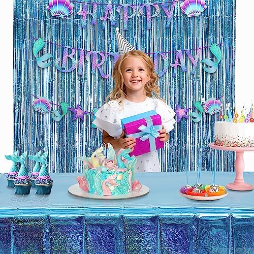 GREATRIL Blue Party Table Cover with Glitter Iridescent Finish