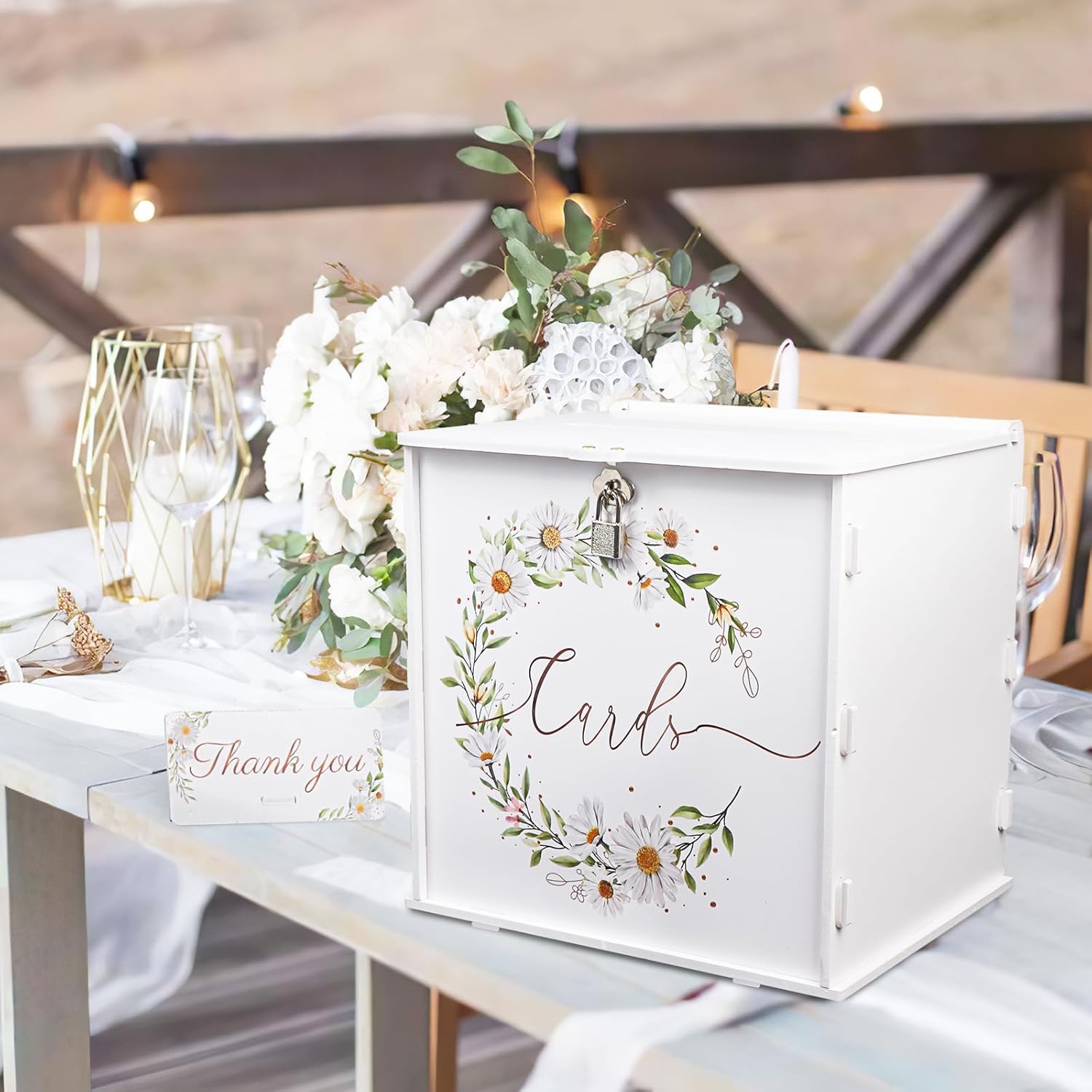 OurWarm White Daisy Wedding Card Box with Lock
