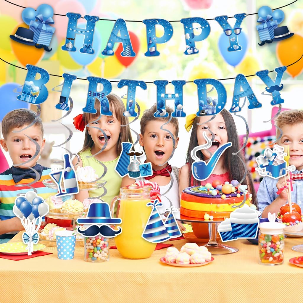 Silver Blue Birthday Decorations 8PCS Hanging Streamers Banner Set