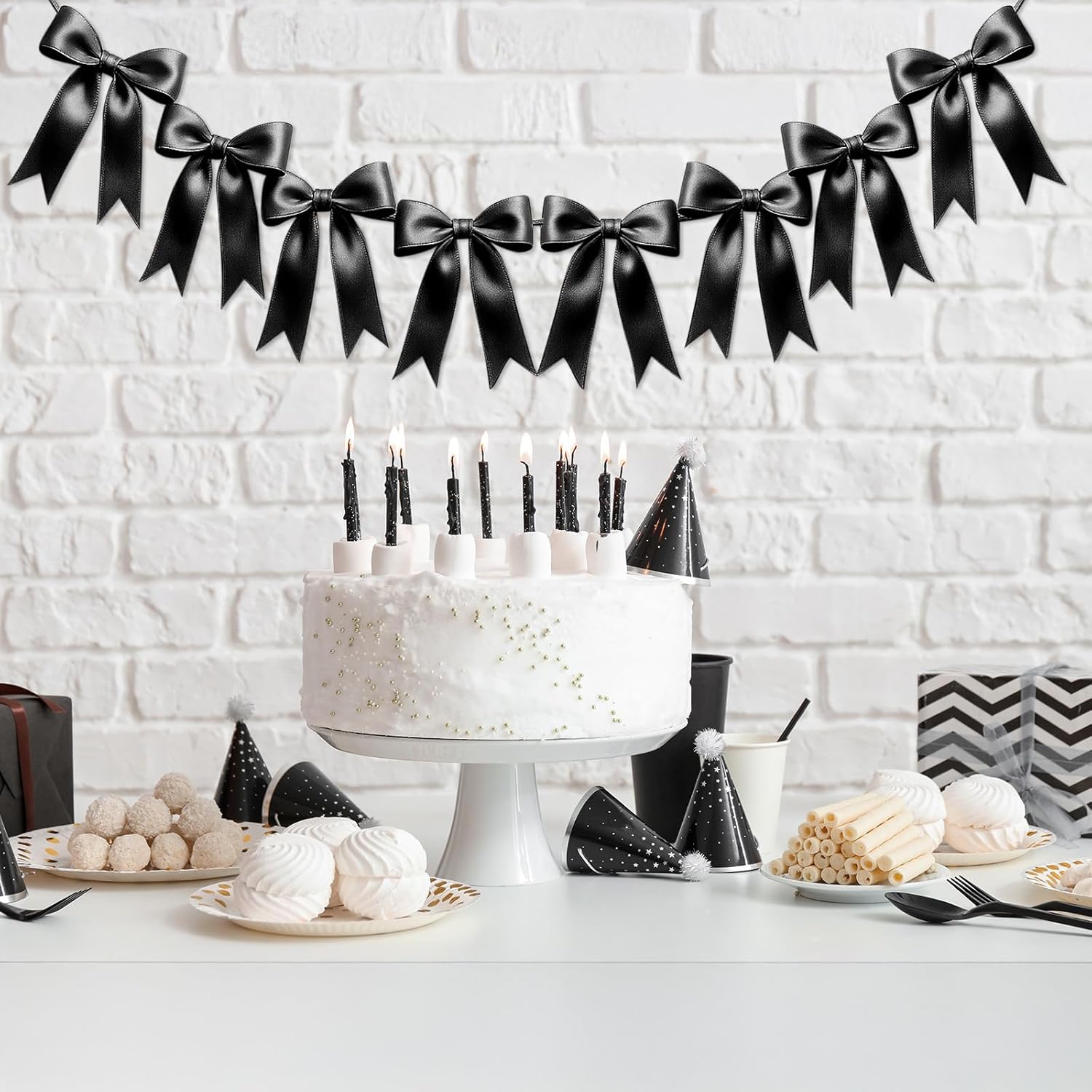 Eonsui 16PCS Black Bow Garland Pre-Strung Decor