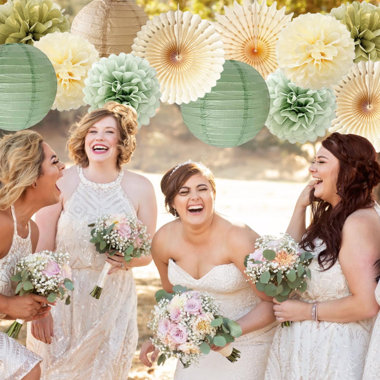 Sage Green Party Decorations Set with Pom Poms and Lanterns