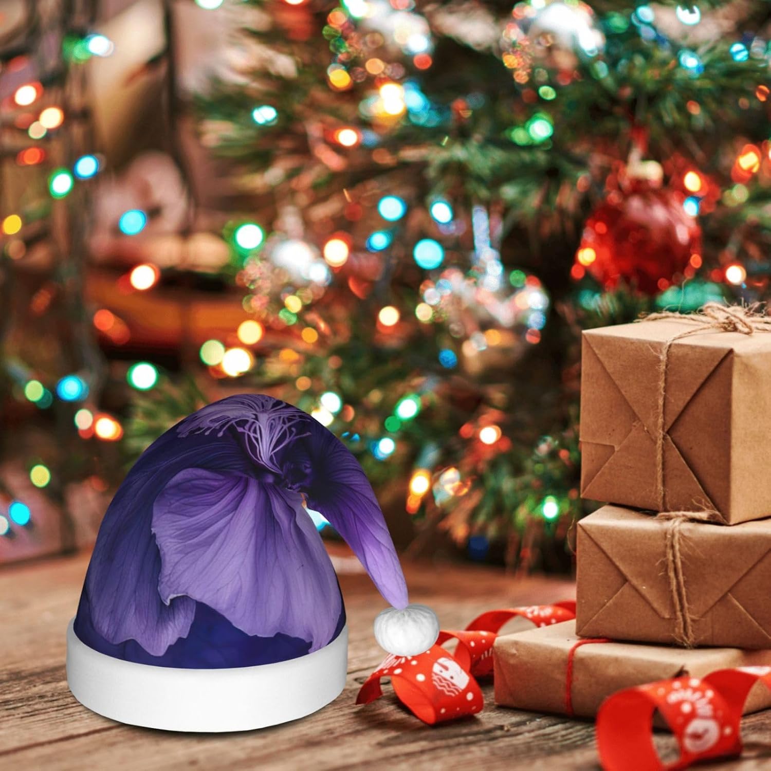 Purple Print Christmas Santa Hat Plush Funny for Adults