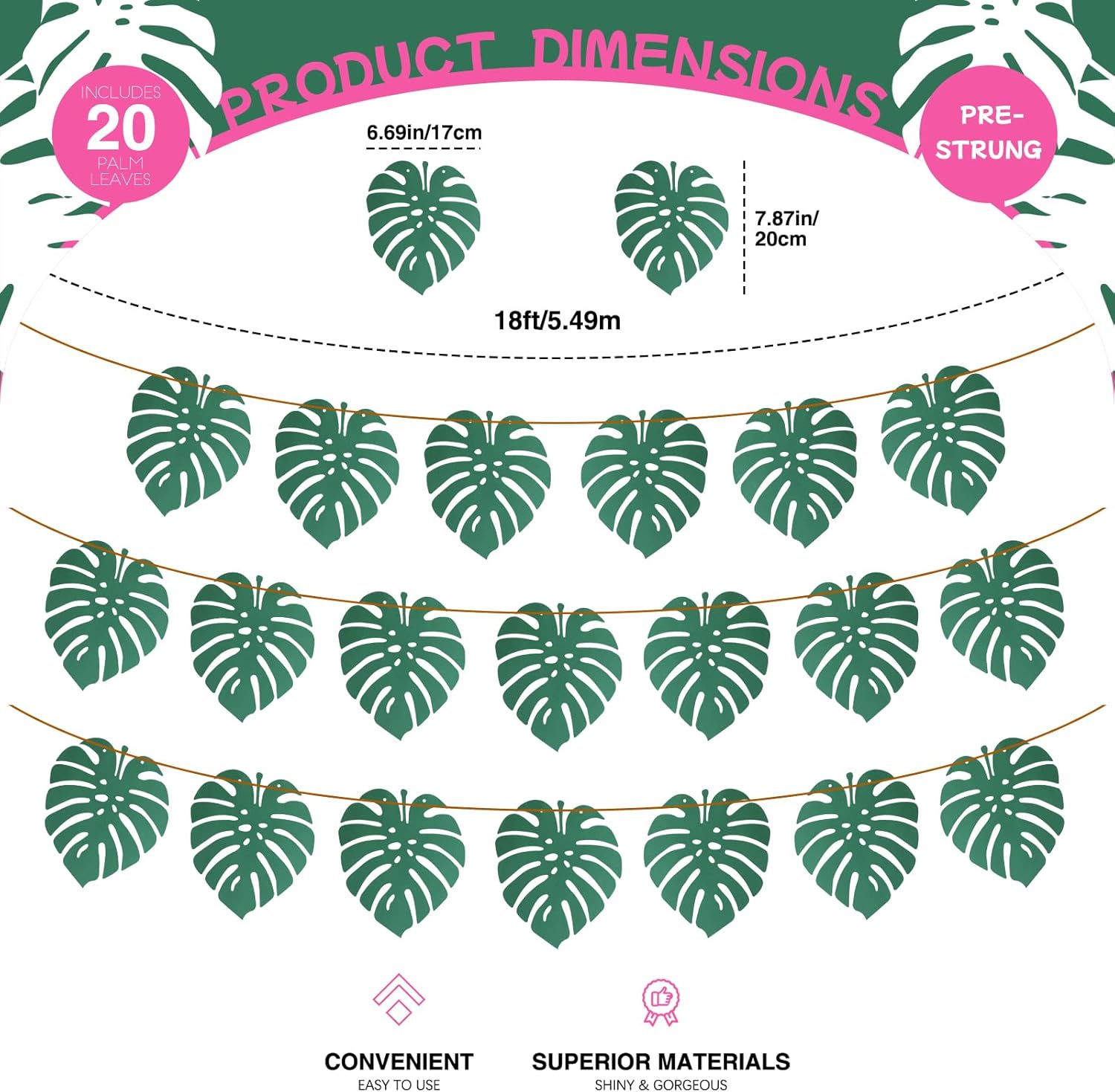 Pre-Strung Tropical Palm Garland 18FT 20PCS for Luau Parties