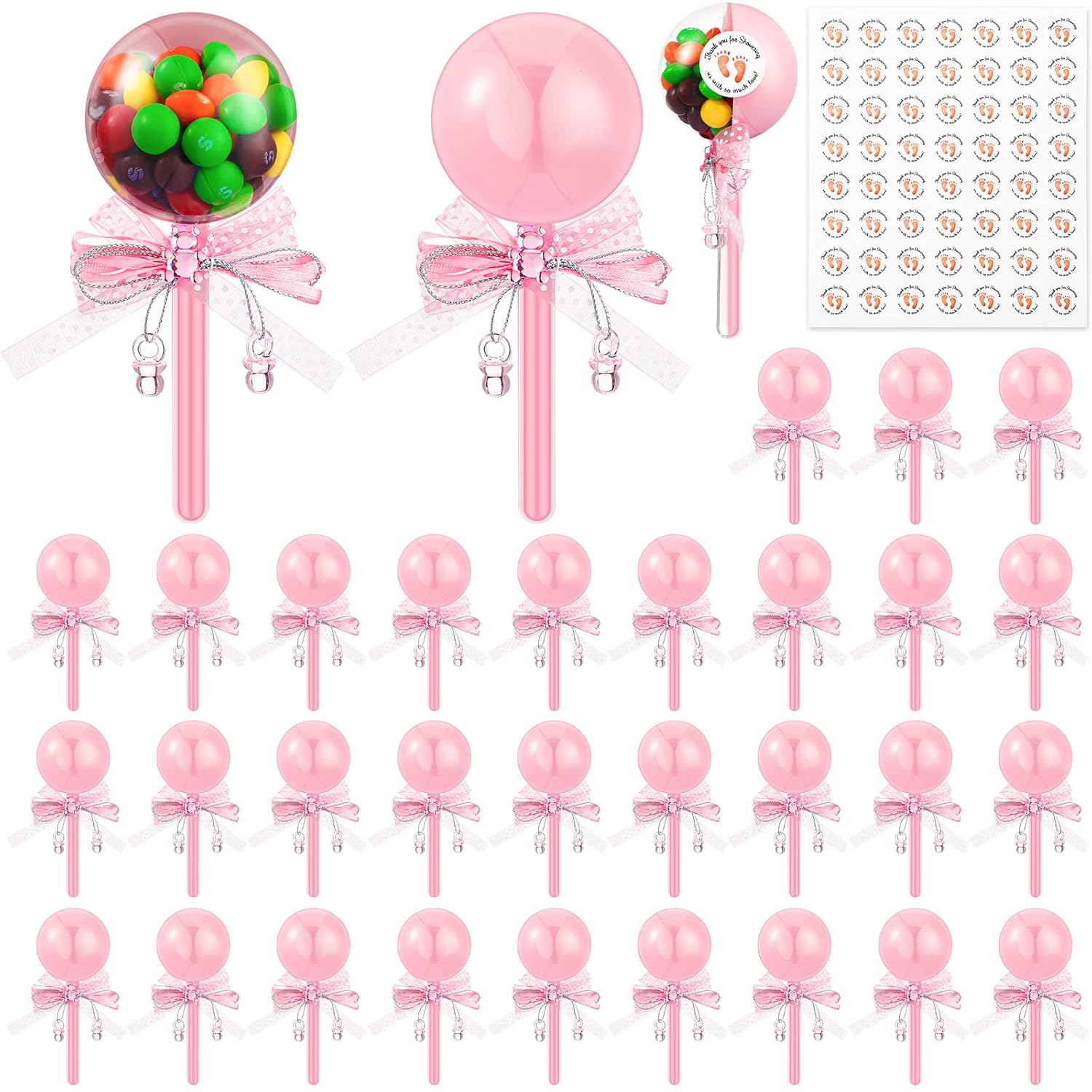 30 Pcs Baby Rattle Party Favors with Bow and Stickers