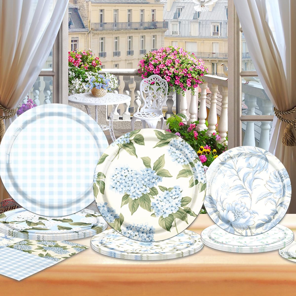60Pcs Floral Plates and Napkins - Blue White Party Decorations
